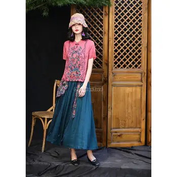 2023 винтажная юбка в китайском этническом стиле с цветочной вышивкой, женская юбка с эластичным поясом, национальная женская длинная элегантная повседневная юбка