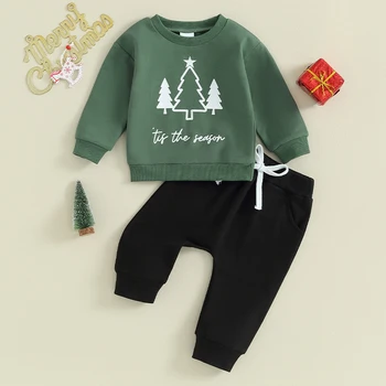 Комплекты детских штанишек Listenwind, толстовка с круглым вырезом и штанами с рождественской елкой для малышей, детские костюмы из 2 предметов