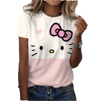 Летняя женская футболка с 3D Модным рисунком Hello Kitty, Футболка в стиле Харадзюку, Негабаритная Футболка Для девочек, Новый Топ С круглым вырезом И коротким рукавом