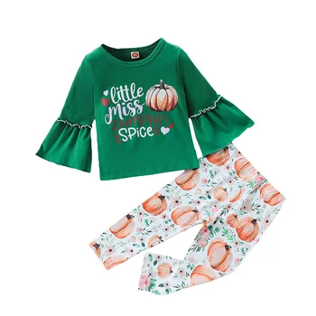 Наряды на Хэллоуин для маленьких девочек, футболки с круглым вырезом и длинными рукавами с буквенным принтом, Длинные брюки с цветочным принтом в виде тыквы, комплект осенней одежды из 2 предметов